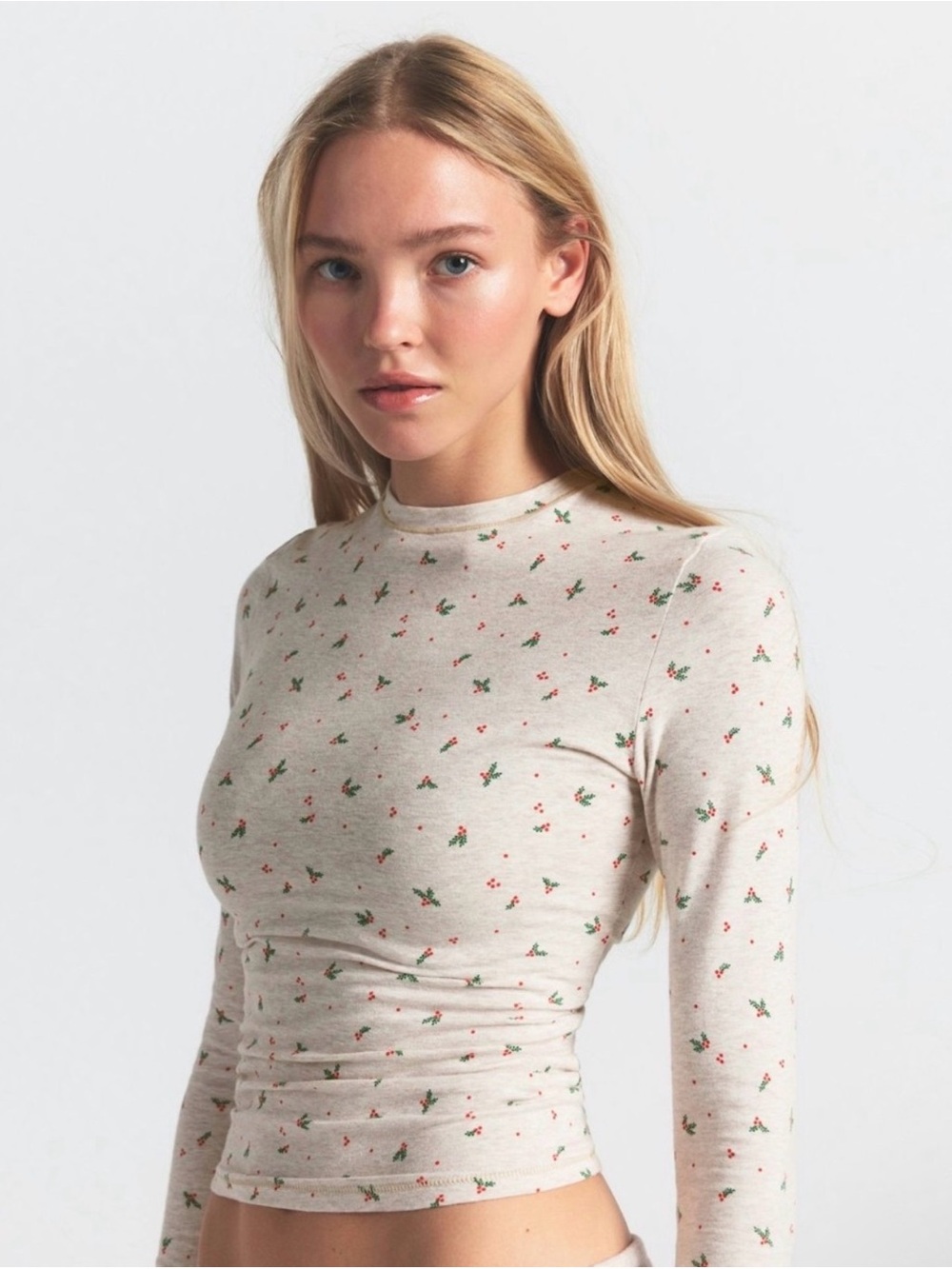 SKIMS Cotton Jersey Long Sleeve in Oatmeal Holly Print